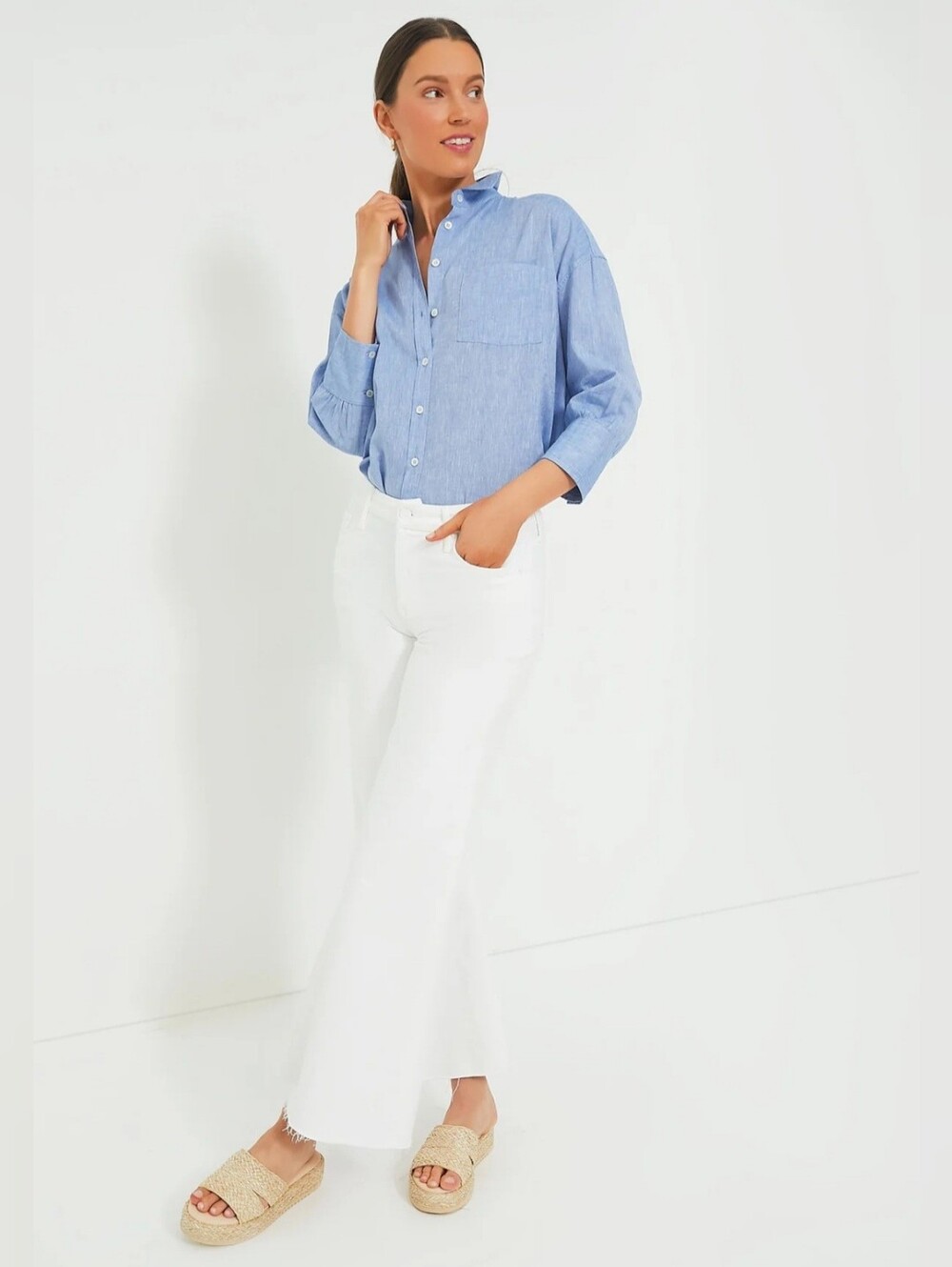 MOTHER The Roller Fray Wide Leg White Jeans